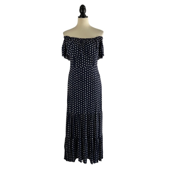 LOFT Dresses & Skirts - LOFT Blue White Print Maxi Dress Off Shoulder Tiered Ruffle Hem, Size 6P